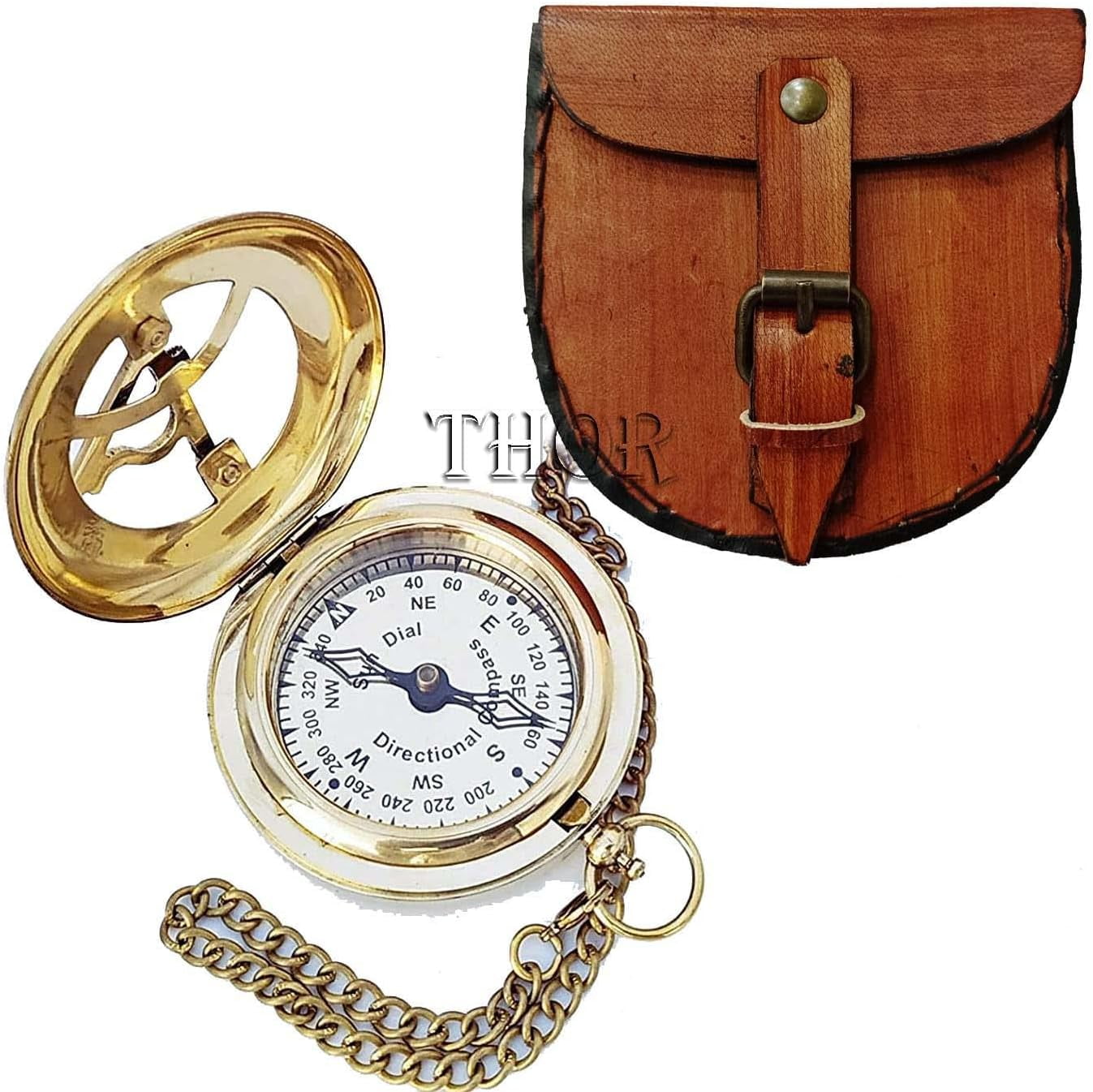 Sundial Compass Antique Brass With Wooden Box And Burkina