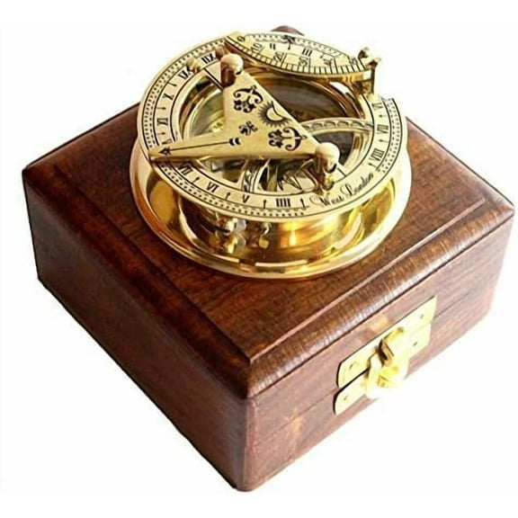 Brass Sundial Compass -Solid Brass Pocket Sundial - West London with Wooden Box$$Home Decor, Kitchen, & Other
