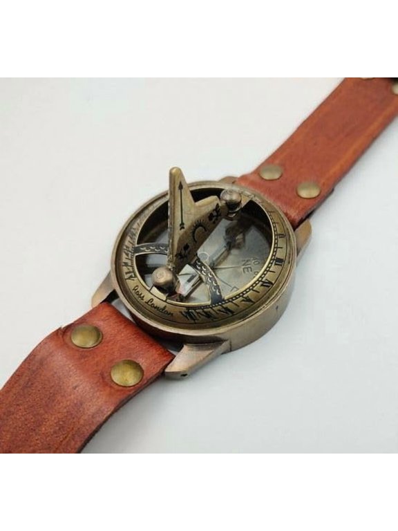 Generic Brass Sundial Compass Wrist Watch Leather Nautical, Antique
