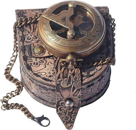 Brass Sundial Compass with Leather Case & Chain, Pocket Compass,
