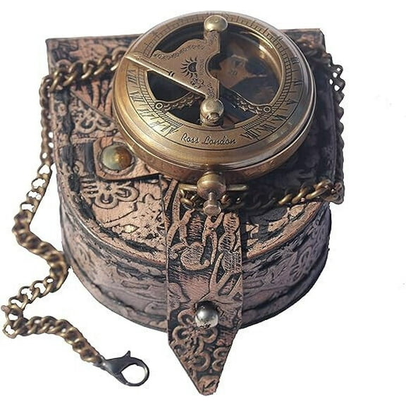 Brass Sundial Compass with Leather Case & Chain, Pocket Compass,