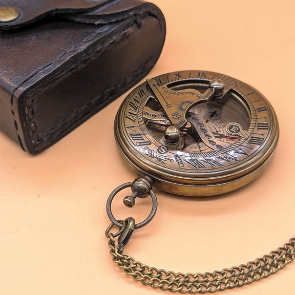Brass Sundial Compass with Leather Case, Working Sun Clock with Compass, Pocket Push Button Compass, Birthday Gift Y101