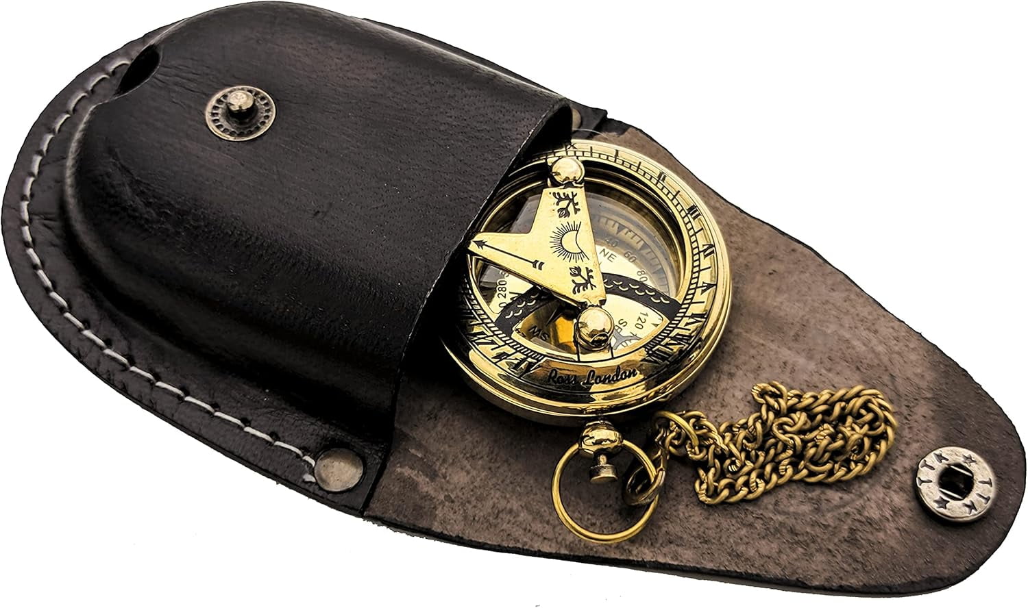 Brass Sundial Compass with Leather Case and Chain - Push Open Compass