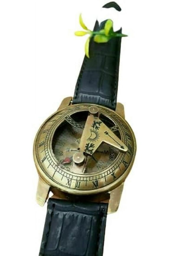 Brass Sundial Watch Steampunk Antique Nautical Style Leather Strap Beautiful Gift Items