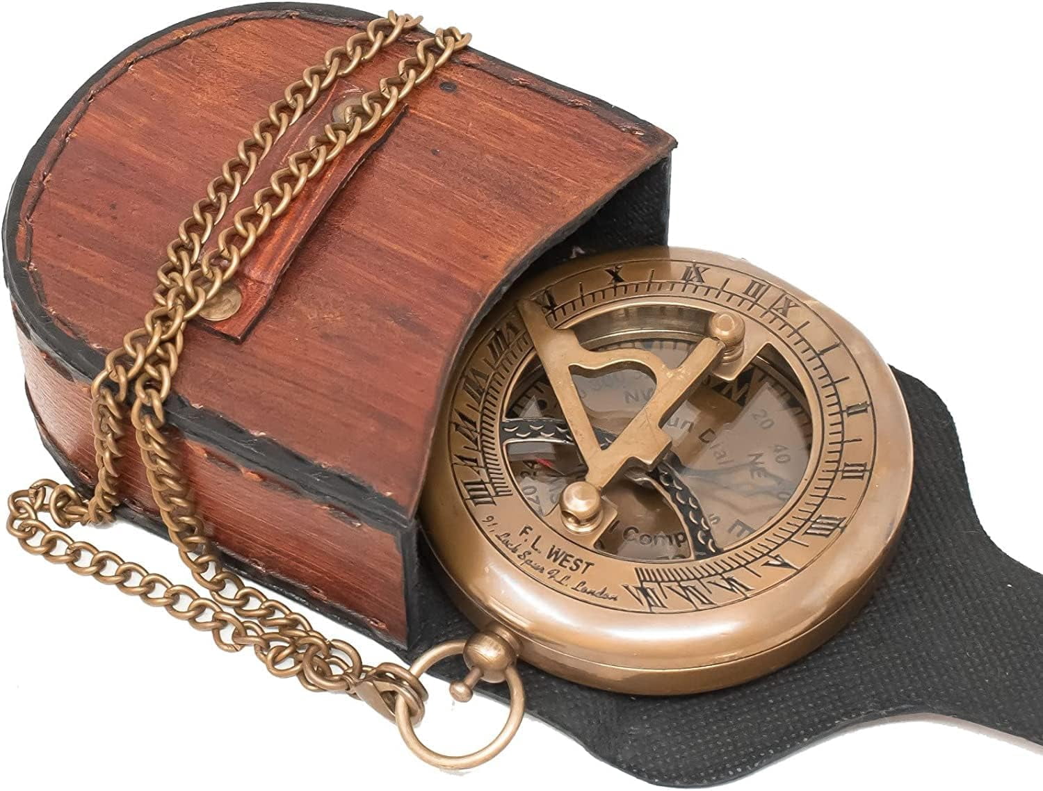 Brass Sundial Working Compass With Leather Case