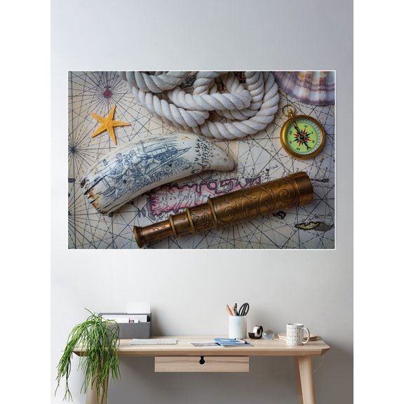Brass Telescope And Compass Poster Wall Art, Modern Wall Decor For Living Room Bedroom, 24x36 UNFRAMED