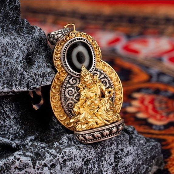 Brass Tibetan Imitation Dzi Bead Pendant Double Sided Amulet with Black Rope Lucky Charm Spiritual Jewelry