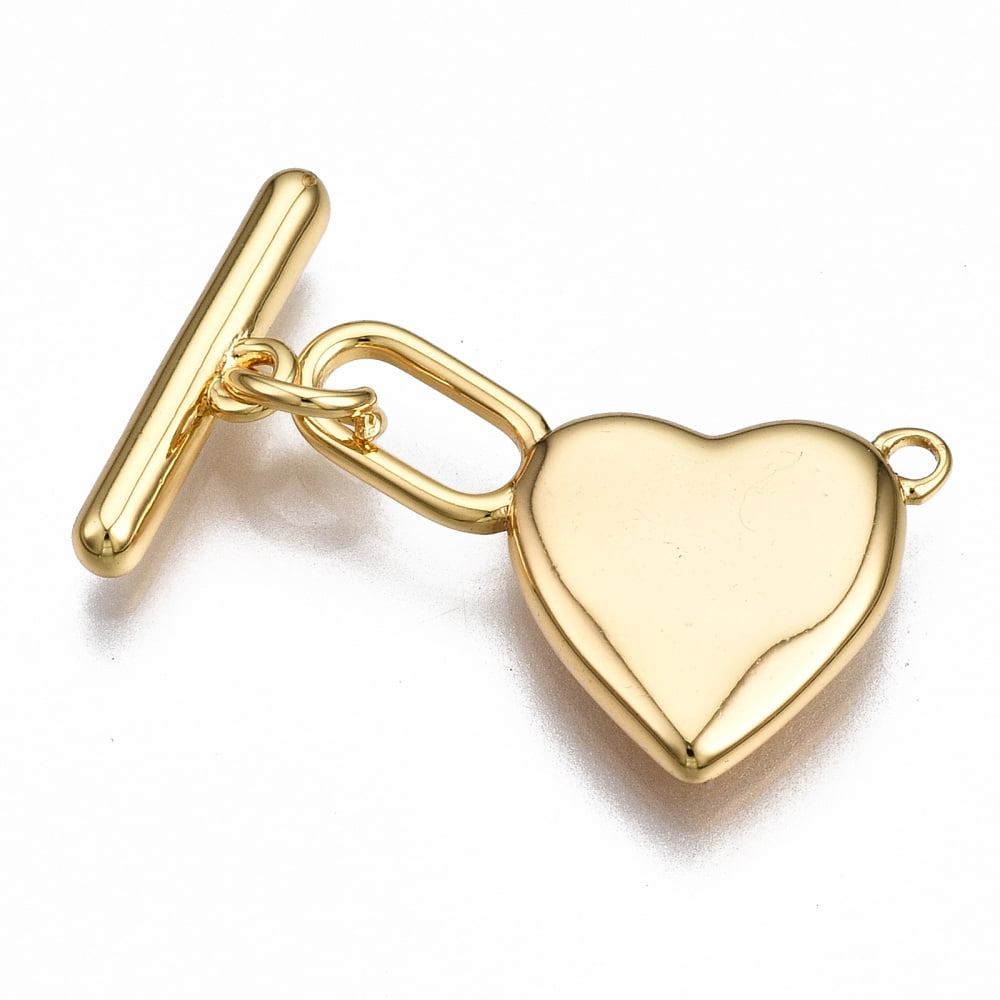 Brass Toggle Clasps Nickel Free Heart Real 18K Gold Plated 25mm long Bar: 15x4.5x2.5mm hole: 1.4mm Jump Ring: 5x1mm Inner Diameter: 3mm