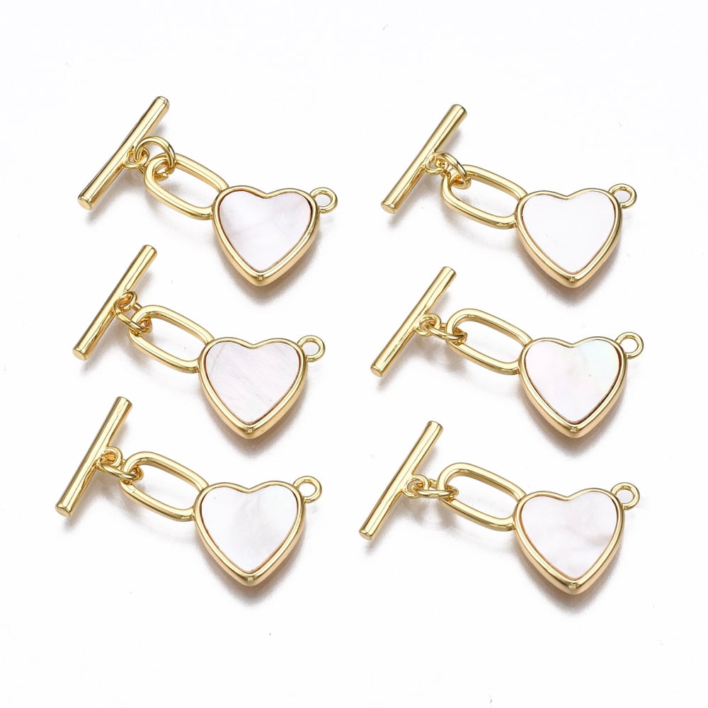 Brass Toggle Clasps with Freshwater Shell Nickel Free Heart Real 18K Gold Plated 26mm long Bar: 15.5x4x2mm hole: 1.5mm Jump Ring: 5x1mm