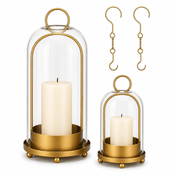 Brass-Tone Metal & Glass Candle Lantern Set, For Standard Pillar Candles, Tabletop & Hanging Decor