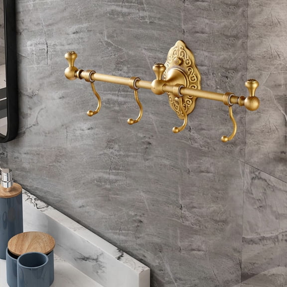 Brass Towel Bar with 4 Hooks WallMounted Bathroom Towel Rack, Elegant Copper Brushed Finish, Durable HeavyDuty Brass Construction, Easy Install, SpaceSaving Towel Holder