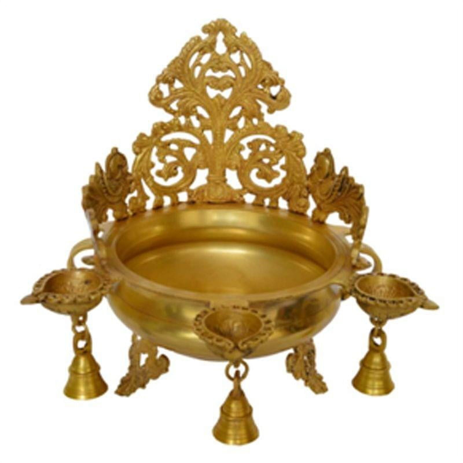 Brass Urli with Peacock Diya and Bell Decorative Traditional Brass