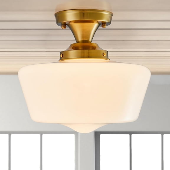 Brass Vintage Light for Farmhouse Bedroom Kitchen Hallway Entryway , 12''Wide Opal Milk Glass Shade , Semi Flush Mount Ceiling Light , Schoolhouse Light Fixture Modern Gold Ceiling Light