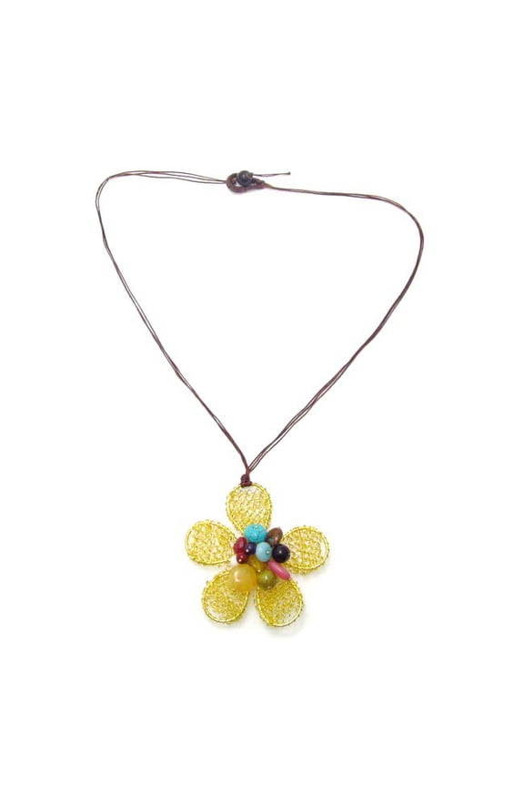 Brass Wire Works Multistone Floral Pendant Cotton Rope Necklace