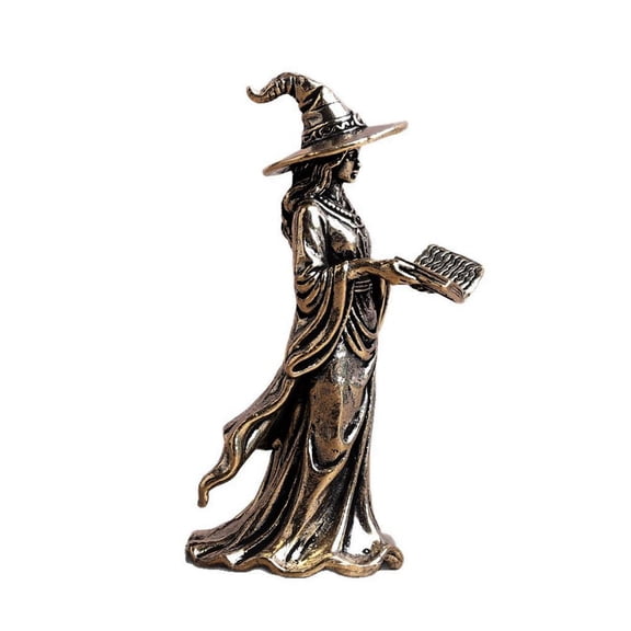 Brass Witch Figurine with Spell Book, Vintage Metal Witch Statue Miniature Halloween Desk Decor for Office, Bookshelf, 5.7 x 2.7 cm