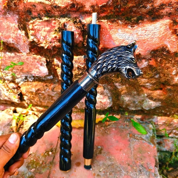 Brass Wolf Head Walking Stick, Gothic Designer Wooden Cane, Handmade Fantasy Walking Staff, Vintage Gentleman Collector Cane, Decorative Wolf Handle Mobility Stick, Unique Gift for Men & Collectors