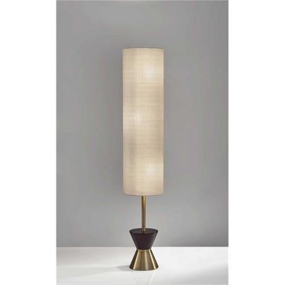 Brass Wood Diabolo Floor Lamp with Tall Textured Beige Shade