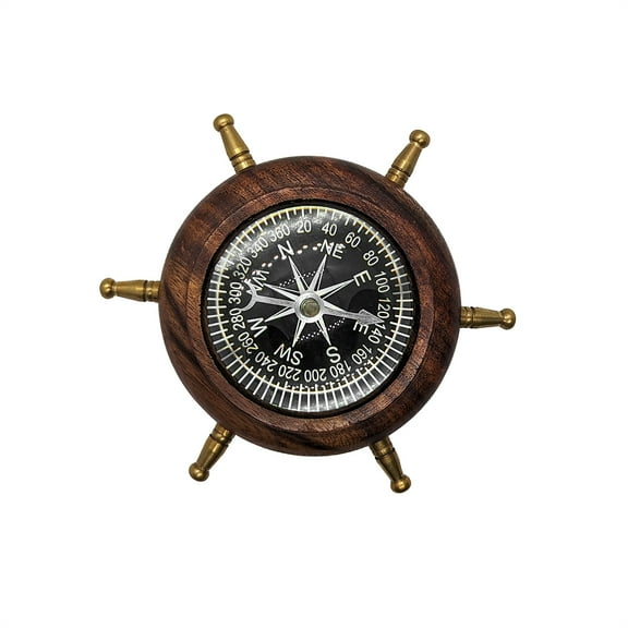 Brass Wooden Shipwheel Captains Desk Compass Nautical Paper Weight Office Decor