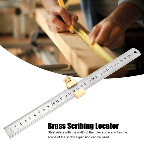 Brass Woodworking Scribing Locator Block with 11.8in Steel Ruler for Measuring