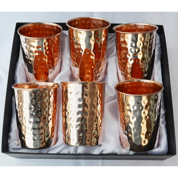 Brass World 100% Pure Copper Pack of 6 Hammered Glass | Storage Water Serveware Tableware Home Hotel Restaurant Good Health Benefit Yoga Ayurveda Healing | Specially Designed for Home & Restaurant.