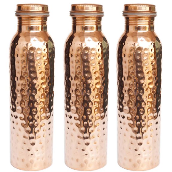Brass World 100% Pure Copper Water Bottle Handmade Diamond | Joint Free Leak Proof | Ayurveda Yoga Health Benefits | Kills Bacteria in Water | Improves Skin Glow & Shine | 1000 ML | Brown | Set of 3.