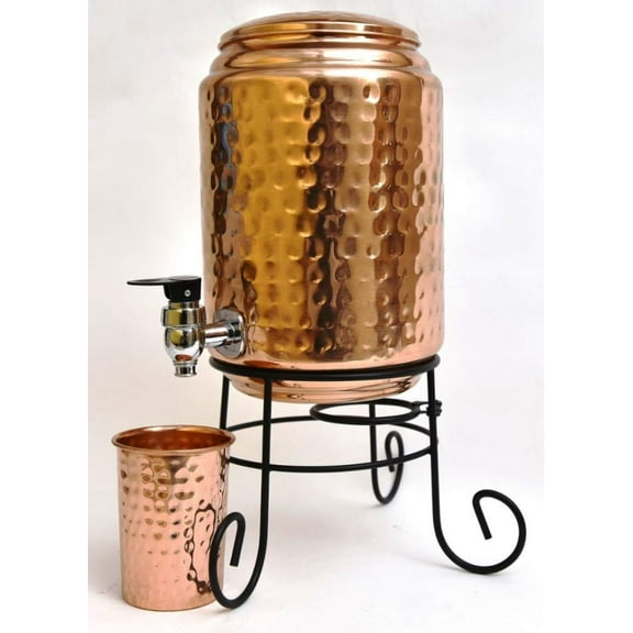 Brass World 5 Litre Hammered Copper Water Container (Matka/Pot) Dispenser Pot with 1 Copper Glass and Stand,(5000 ml)