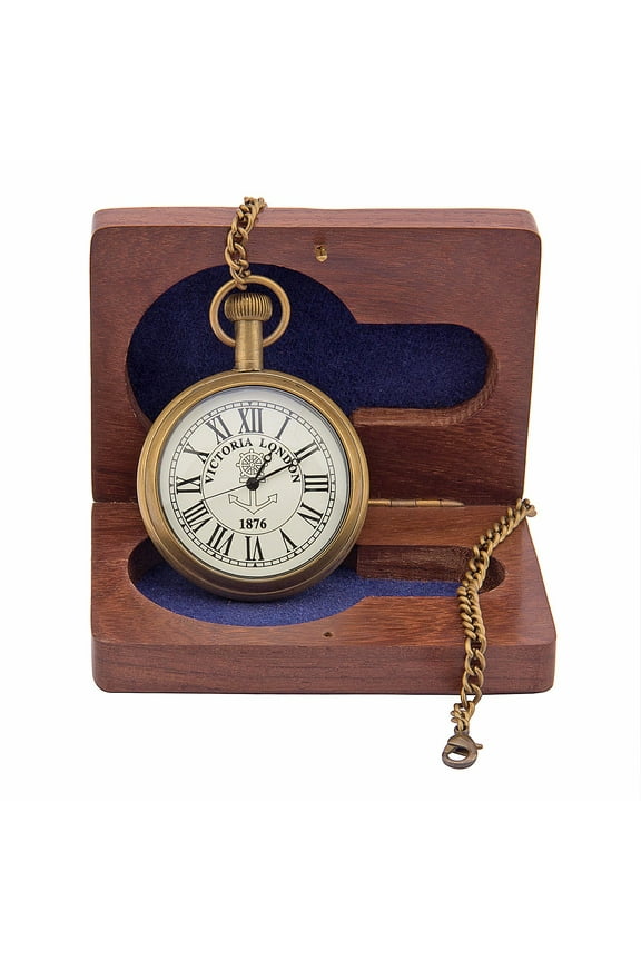 Antique Style Brass Pocket Watch with Chain Roman Numbers Dial Victoria London 1876 with Wooden Box