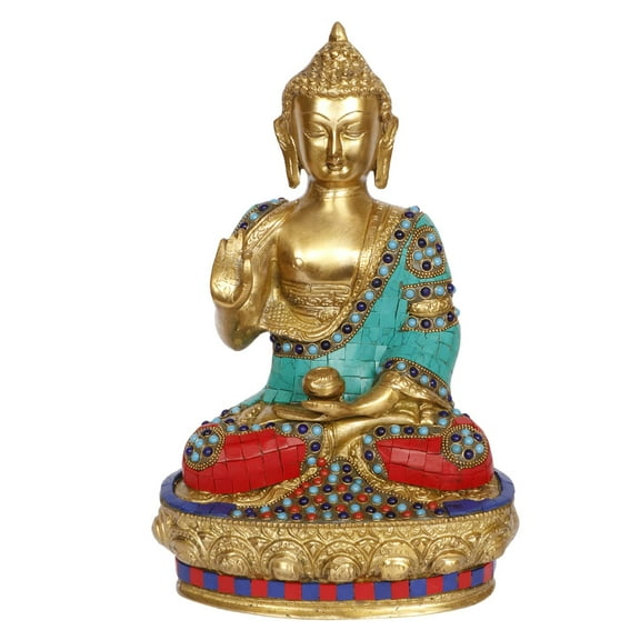 Brass World Big Buddha Statue for Home Dcor Living Room Desk Table Brass with Multicolor Stone Handwork Idol Figurines Vaastu Sculpture Showpiece Gift 12 Inch