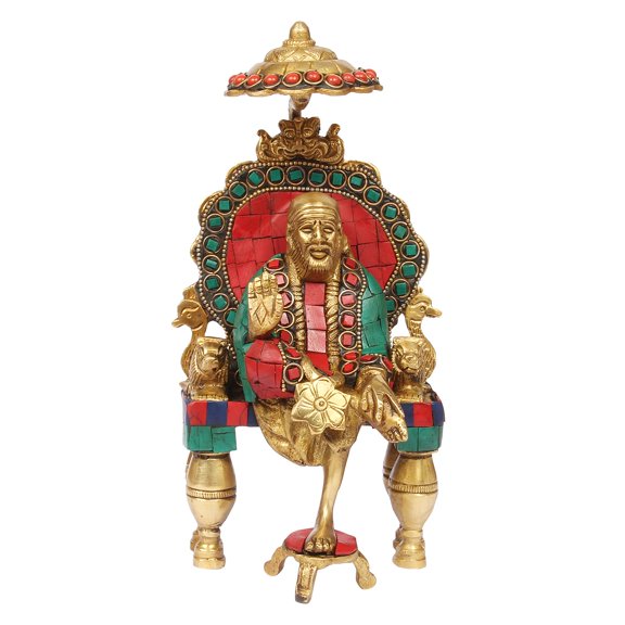 Brass World Brass Blessing Sai Baba Sitting on Chatra Singhasan Decorated with Color Stone Handwork, Height 8 Inch, Multicolor
