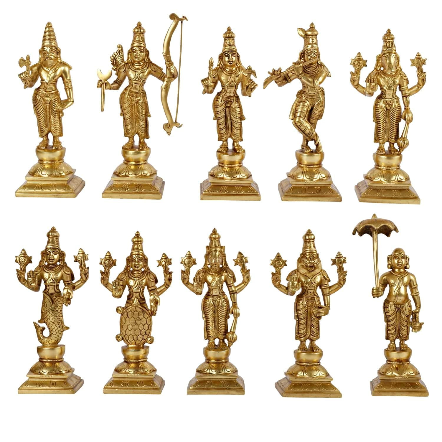 Golden Brass Ten Incarnations of Lord Vishnu Statue Set