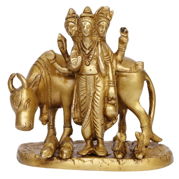 Brass World Brass Dattatreya Idol/Tridev God Datta Idol with Auspicious Cow Temple Puja Gift Decor.