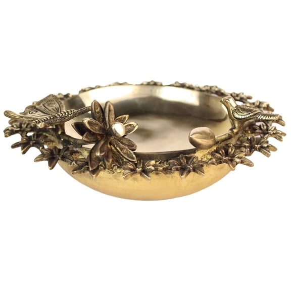 Brass World Brass Ethnic Carved Bird Butterfly Traditional Urli Bowl Tea Light Candles Showpiece for Floating Flowers and Candles Home and Office Decoration 12 Inch