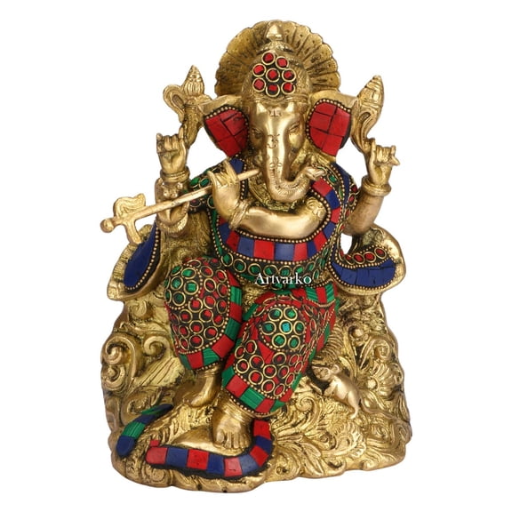 Brass World Brass Ganesha Bhagwan Playing Flute Sitting - Ganpati Statue Moorti with Inlay Handwork for Home Office Marriage Gift Size 8 Inches
