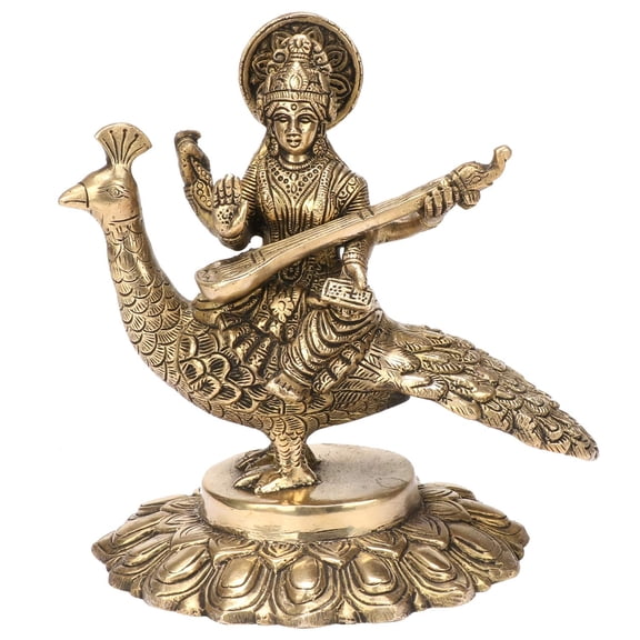 Brass World Brass Goddess Maa Saraswati Statue Sitting on Swan Education Study Vidya Devi Idol Spiritual Puja Vastu Showpiece Religious Murti Sculpture Knowledge Music & Art 7 Inches