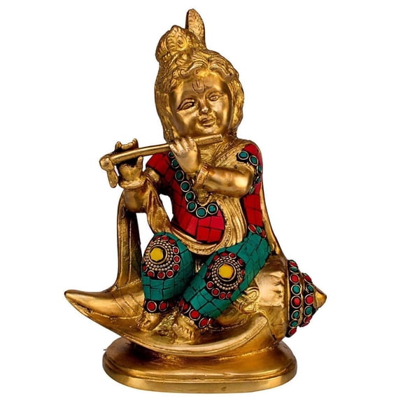 Brass World Brass Idol Murti Small Krishna Statue Sitting on Conch Shankh Playing Flute Multicolor Gemstone Handwork for Home Decor Pooja Height 8 Inch