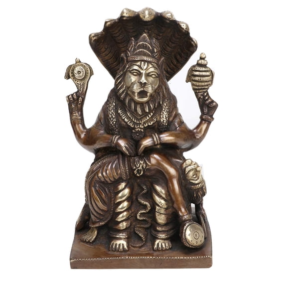 Brass World Brass Idol Narasimha Bhagwan Reincarnation of Lord Vishnu Murti Statue Killing Hiranyakashipu On Throne with Sheshnaag for Home Mandir Decor