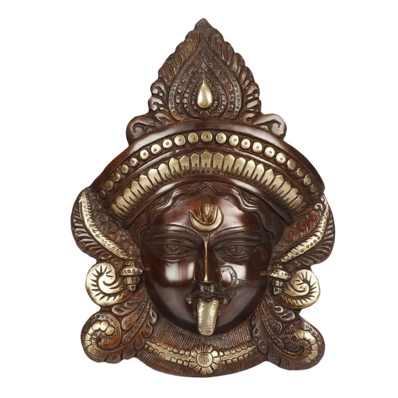 Brass World Brass Kali MATA Maa Face Mask Idol Statue Murti for Office Home Decor Wall Mount Metal Durga Evil Eye Vastu Protection Bronze Color Size 10.5 Inch