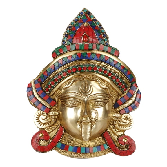 Brass World Brass Kali MATA Maa Face Mask Idol Statue Murti for Office Home Decor Wall Mount Metal Durga Evil Eye Vastu Protection Multi Color Stone Chips Size 10.5 Inch