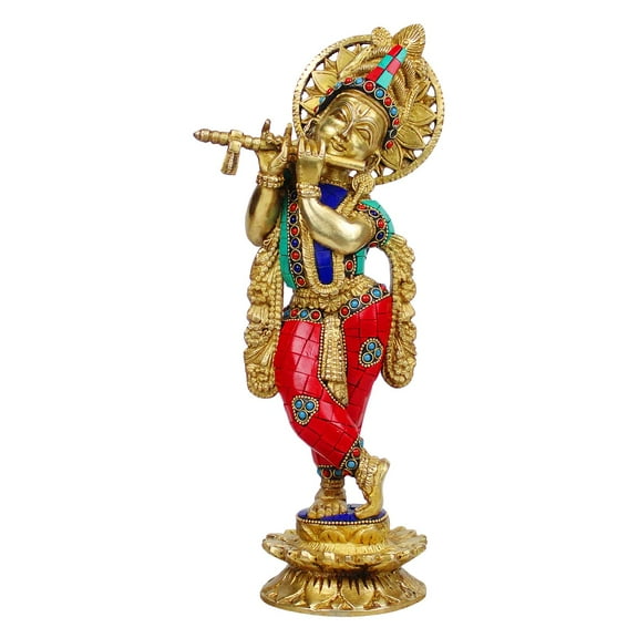 Brass World Brass Krishna Bhagwan Idol Statue Murti Gift for Home Mandir Decor God Deity Lord Religious Marriage Gift Multicolor Stone Work Height 12 Inch