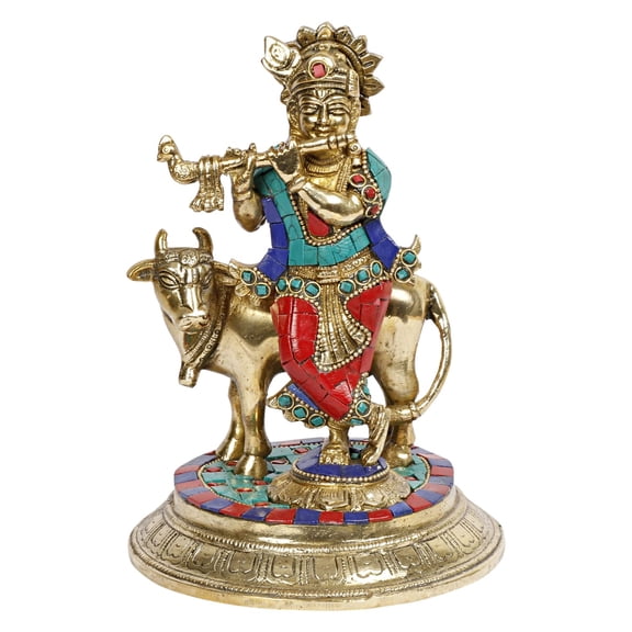 Brass World Brass Krishna with Cow Standing Playing Flute Idol Statue for Home Mandir Pooja Krishan Ji Murti Temple Puja Office Home Dcor Showpiece Gift 8 Inch.