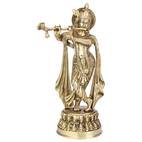 Brass World Brass Krishna Idol Statue Playing Flute for Puja Mandir Krishna Murti Sculpture Gift & Home Decor Height 10 Inches