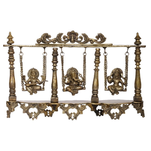 Brass World Brass Laxmi Ganesha Saraswati Sitting on Idol On Jhula Swing Home Office Success Entrance Decor Diwali Pooja Good Luck Gift 23 Inch