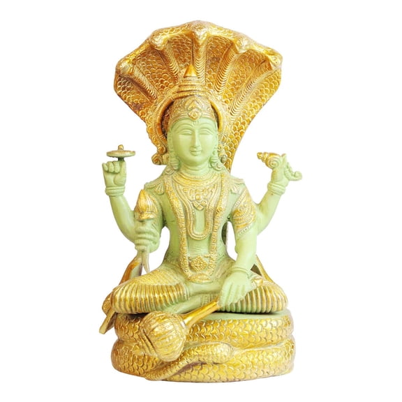 Brass World Brass Lord Bhagwan Vishnu Narayan Sitting Idol Holding Club Gada Under Sheshnaag Statue for Home Mandir Temple Decor Puja Gift Vastu Dosh Height 12.5 Inch Multi Color Size Large
