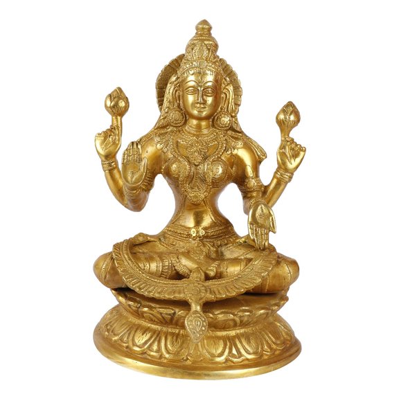 Brass World Brass Maa Lakshmi Sitting Considered to Be Auspicious at The Home Office Lotus Maha Laxmi Idol Dhan Devi Goddess of Prosperity Wealth Fortune Gold Color Height 9 Inch Piece 1