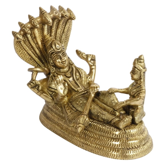 Brass World Brass Metals Astadhatu Idol Murti Vishnu with Lakshmi Resting Upon Shesha Naag Laxmi Narayan Statue on Sheshnag Gold Color Height 4 Inch