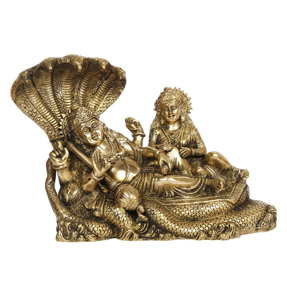 Brass World Brass Metals Astadhatu Idol Murti Vishnu with Lakshmi Resting Upon Shesha Naag Laxmi Narayan Statue on Sheshnag Height 9 Inch Gold Color