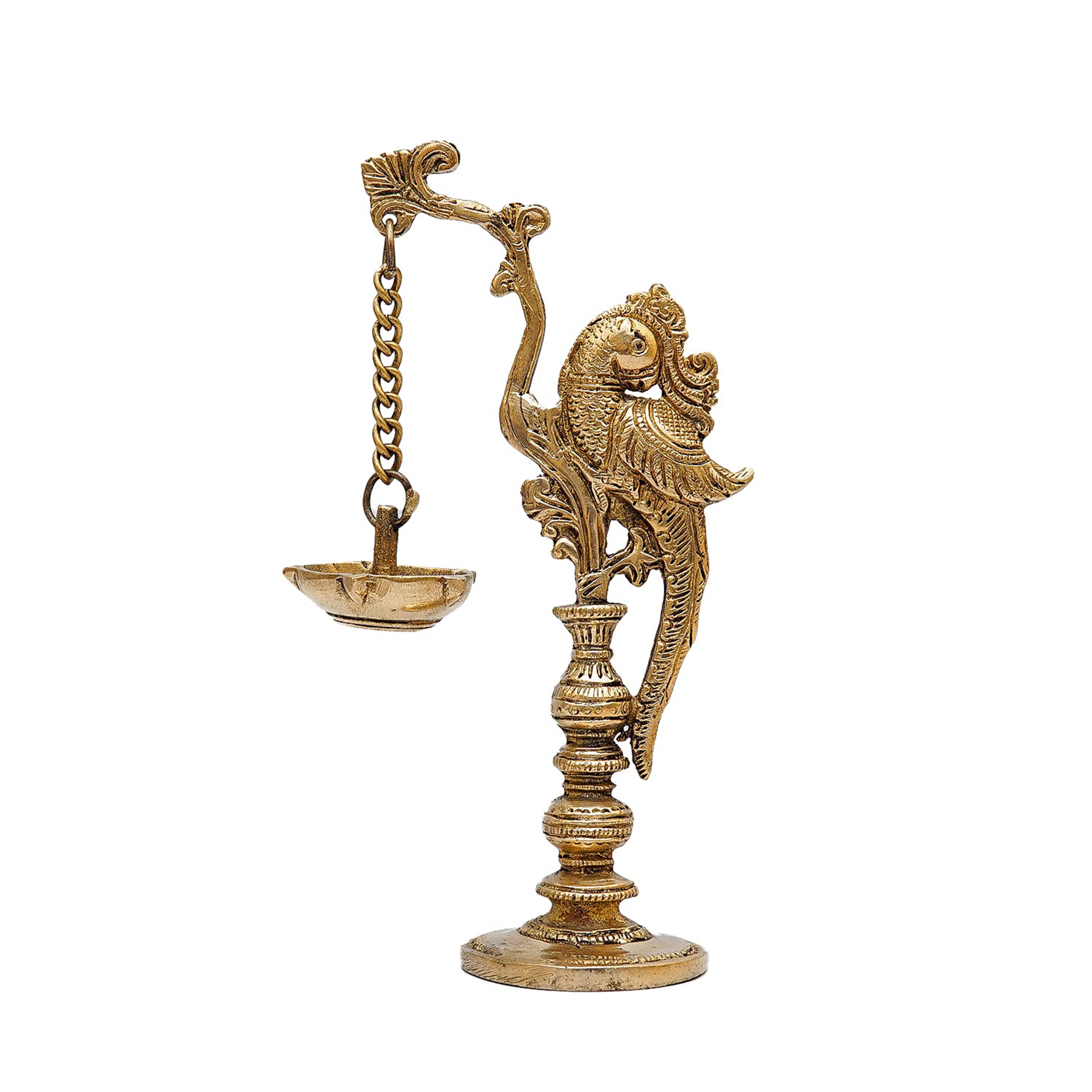 Brass World Brass Oil Lamp Diya with Hanging Parrot Stand for Festival Lighting Home Decor Temple Glossy Antique 8 Inch