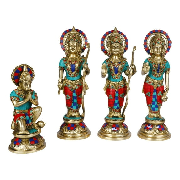 Brass World Brass Ram Darbar Multicolor Gemastone Handwork Statue Shree Ram Ji Sita Laxman Hanuman Home Décor Puja Bhagwan Idol Murti for Mandir Temple 12 Inches