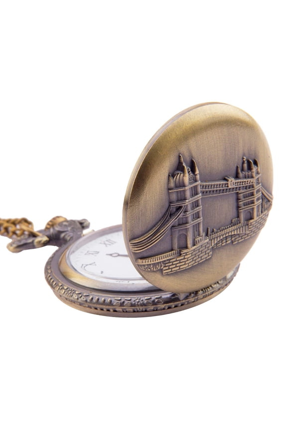 Full Hunter Pocket Watch London Bridge Embossing with Chain Roman Number Dial Pendant Necklace Locket Gandhi Style with Wooden Box