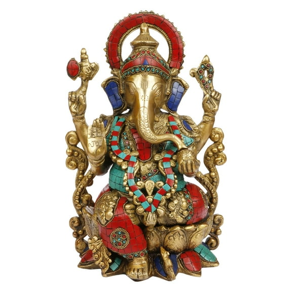 Brass World Ganesha Sitting On Lotus Brass Inlay Work Bhagwan Idol Jewellery Mangalkari Ganesh Statue Ganpati Murti for Home Entrance Decor Diwali Gift 12 Inch